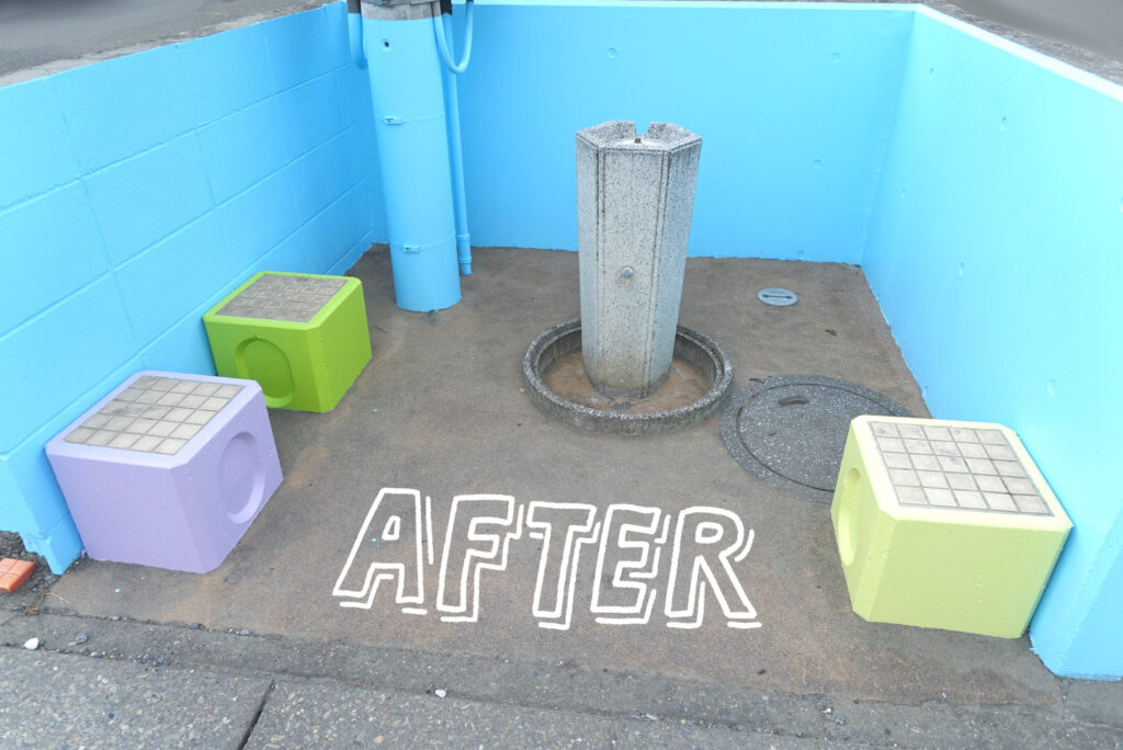 ペンキ塗り　塗装　色塗り　カラフル　コンクリート　ブロック　地域貢献　小学生　休憩スペース